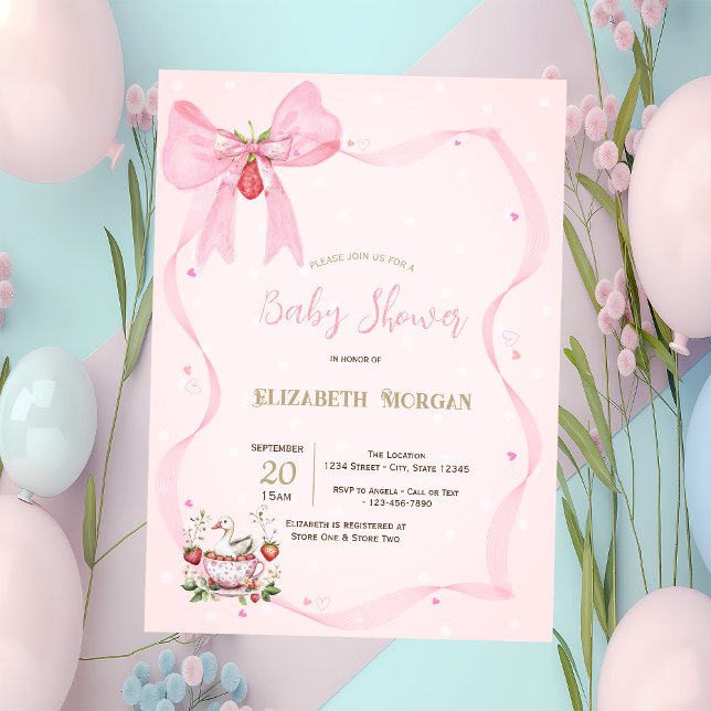 Jordgubbe,Gås,Ram Båge Prickar Baby Shower Inbjudningar (Skapare uppladdad)