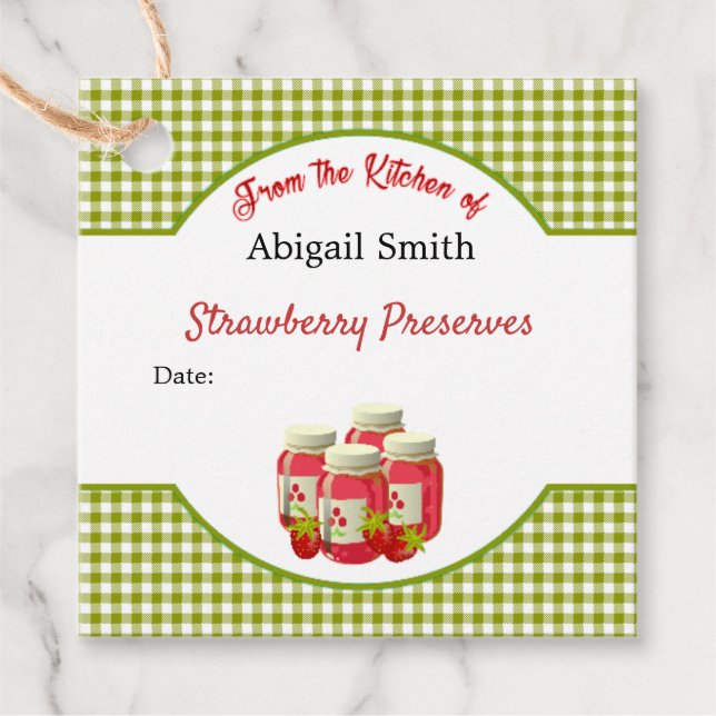 Jordgubbe Gingham Canning Burk Märkre  Gåvor Etiketter (Framsida)