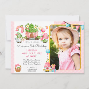 Jordgubbe Gnome Garden Girl's Birthday Photo Inbjudningar