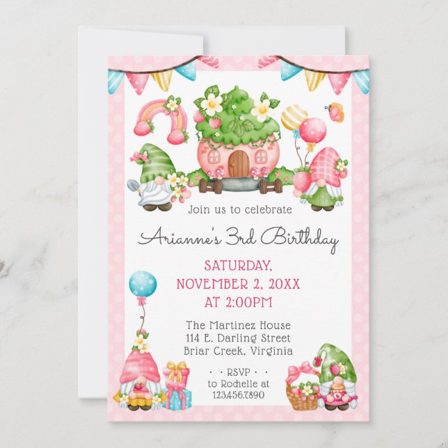 Jordgubbe Gnome Garden Little Girl's Birthday Inbjudningar (Framsida)