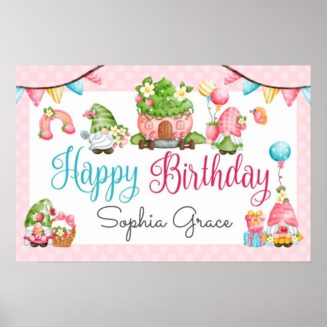 Jordgubbe Gnome Garden Little Girl's Birthday Poster (Framsidan)