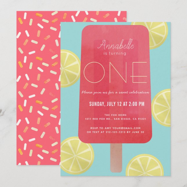 Jordgubbe Lemonade Popsicle Girl 1st Birthday Inbjudningar (Fram/baksida)