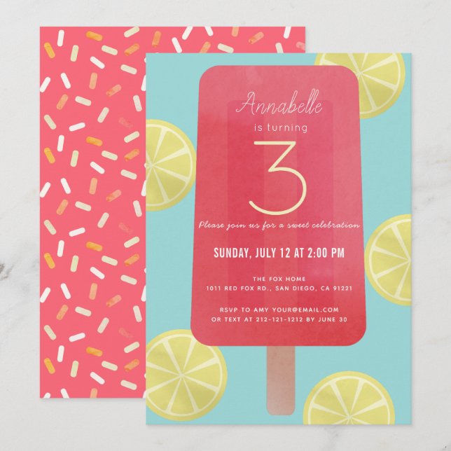 Jordgubbe Lemonade Popsicle Girl Birthday Inbjudningar (Fram/baksida)