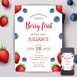 Jordgubbe och blåbär Flicka med första Berry Birth Inbjudningar