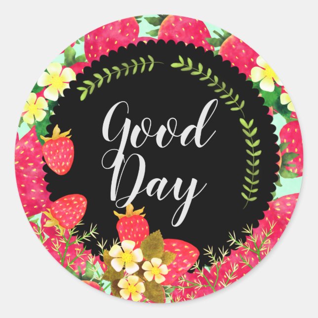 Jordgubbe. Personaliserad. Svart. Runt Klistermärke (Framsida)