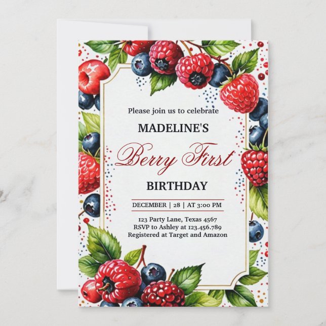 Jordgubbe Raspberry Berry Första födelsedag Inbjudningar (Framsida)