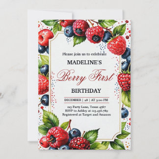 Jordgubbe Raspberry Berry Första födelsedag Inbjudningar