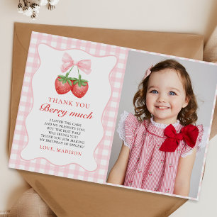 Jordgubbe Rosa Bow Girl 1:a födelsedagsfoto Tack Kort