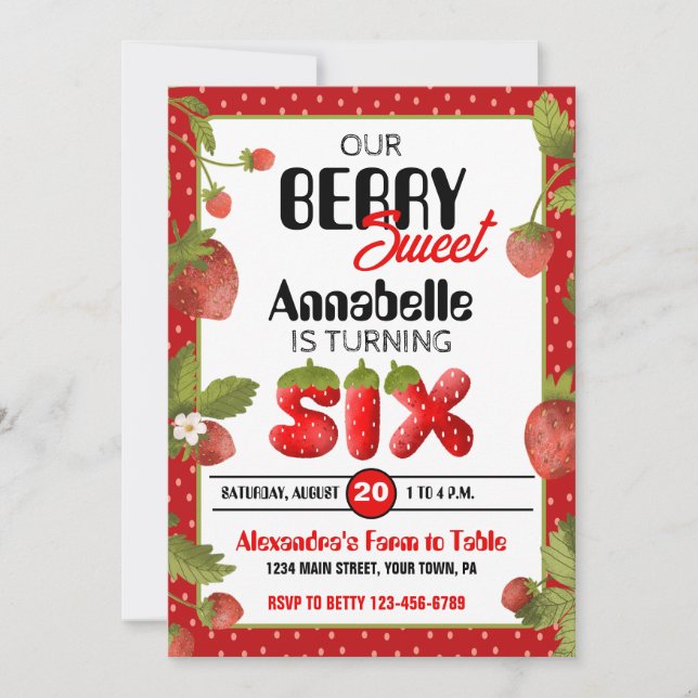Jordgubbe sjätte Födelsedagsfest inbjudan (Framsida)