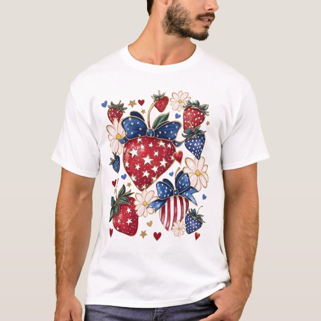 Jordgubbe USA flagga Patriotic Fjärde 4:e juren T Shirt (Framsida)