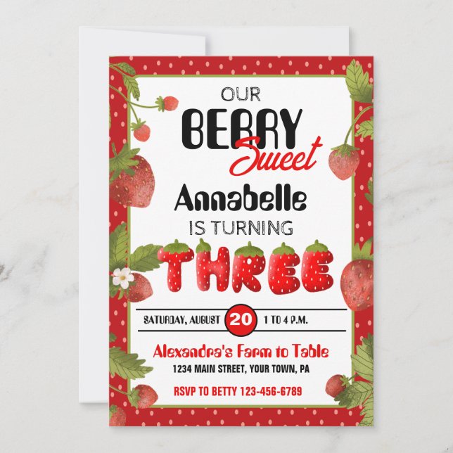 Jordgubben Tredje Födelsedagsfest inbjudan (Framsida)