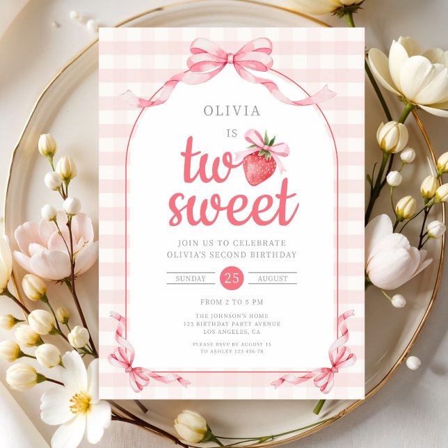 Jordgubben Två Söt Flickan 2-årsdag Inbjudningar (Strawberry Two Sweet Girl 2nd Birthday Invitation)