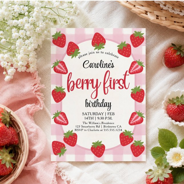 Jordgubbens 1-års födelsedagsfest Bär Inbjudningar (Strawberry 1st Birthday Party Berry Invitation)