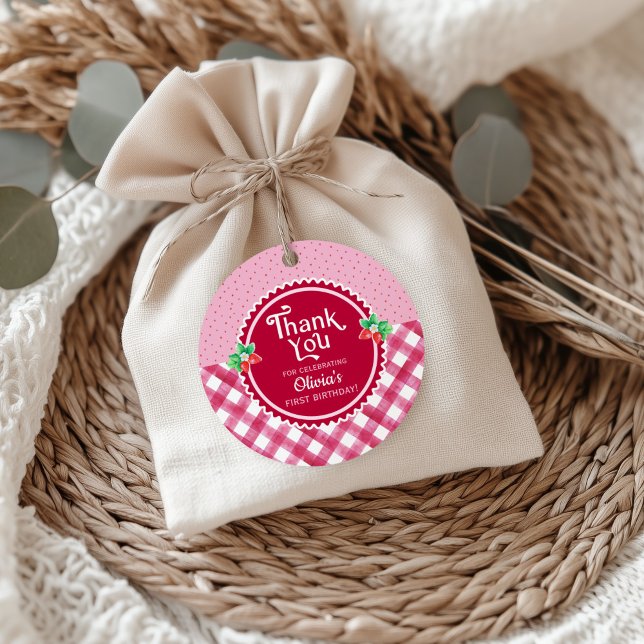 Jordgubberry Berry First Birthday Girl Tack Gåvor Etiketter (Strawberry 1st birthday thank you favor tag)