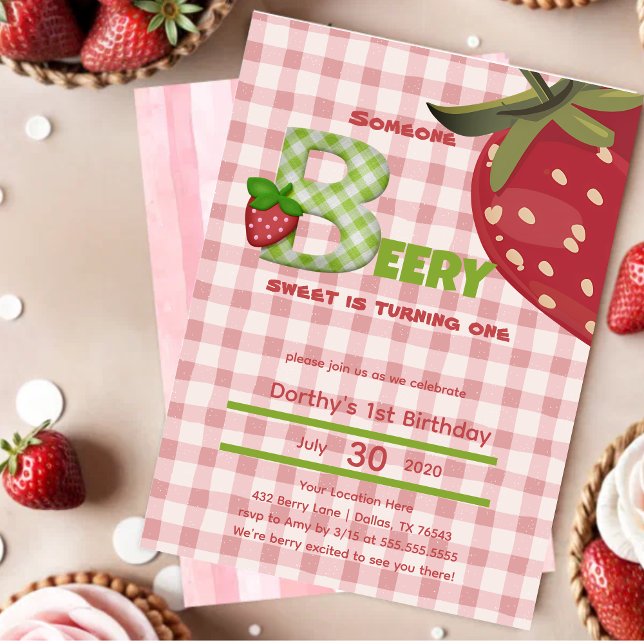 Jordgubberry Berry First Födelsedagsfest inbjudan (Skapare uppladdad)