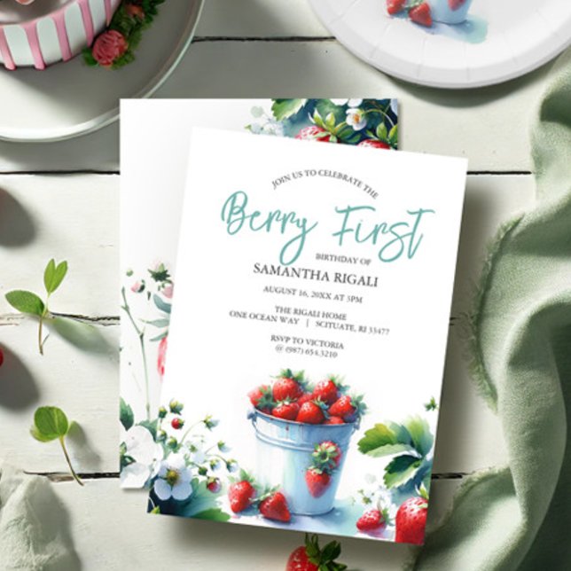 Jordgubberry Berry Första födelsedag Inbjudningar (Berry first birthday invitation features watercolor strawberry art in shades of red. )