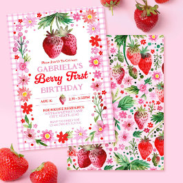 Jordgubberry Berry Första födelsedag Vattenfärg Inbjudningar