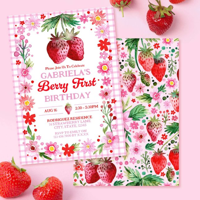 Jordgubberry Berry Första födelsedag Vattenfärg Inbjudningar (Strawberry Berry First Birthday Watercolor Invitation)