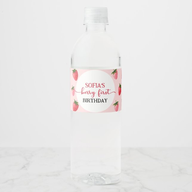 Jordgubberry Berry Första födelsedag Vattenflaskor Etikett (Framsida)