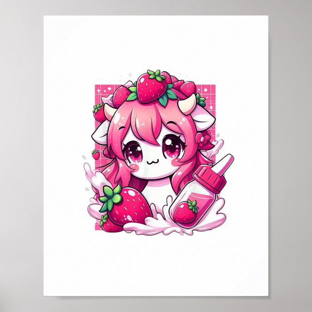 Jordgubberry Cow Kawaii Anime Strawberry Mjölk _1 Poster (Framsidan)