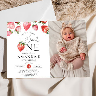 Jordgubbs 1-års födelsedag Berry Sweet One Foto Inbjudningar