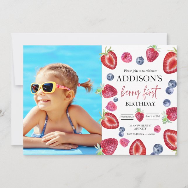 Jordgubbs 1-års födelsedagsfest Jordgubbe Första F Inbjudningar (Framsida)