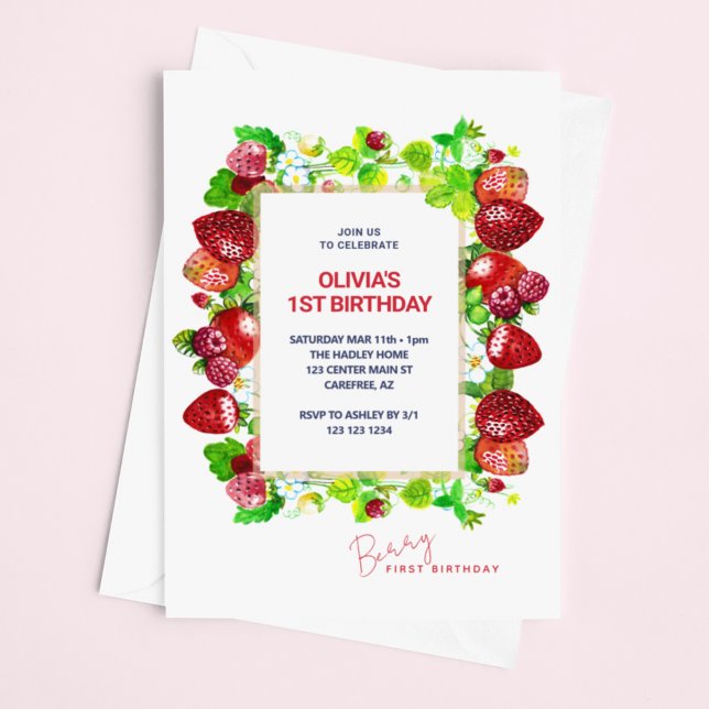 Jordgubbs 1-årsdag Berry Först Inbjudningar (Skapare uppladdad)