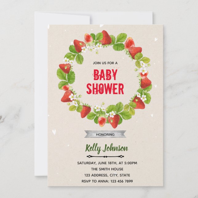 Jordgubbs baby shower födelsedagsinbjudan inbjudningar (Framsida)