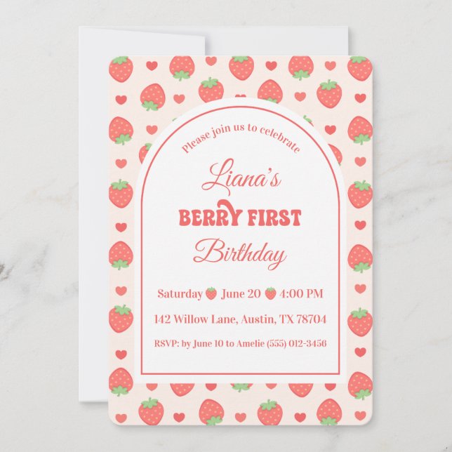 Jordgubbs Berry Flickas 1-års födelsedagsfest Inbjudningar (Framsida)