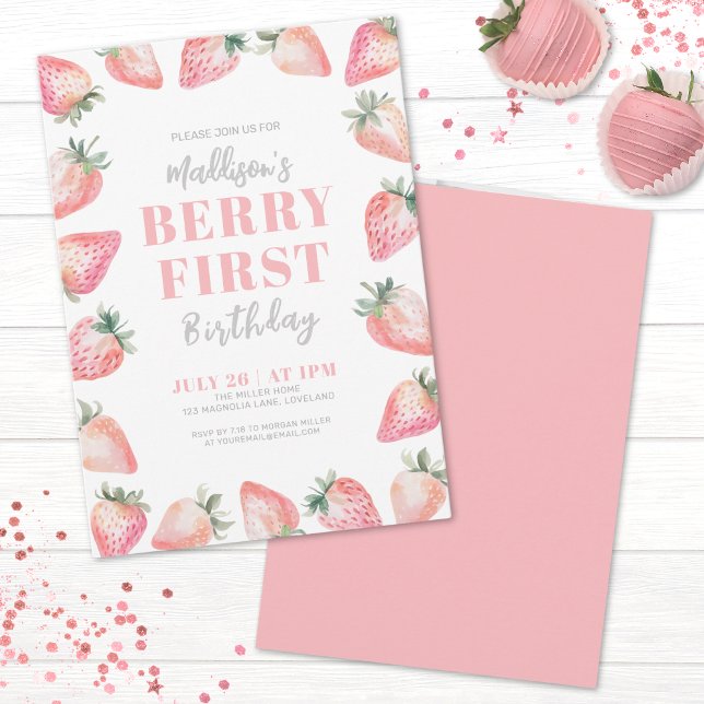 Jordgubbs Berry Första 1:a Födelsedagsfest Inbjudningar (Strawberry Berry Sweet Baby Shower Invitation)
