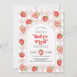 Jordgubbs Berry Första Flicka 1-årsdag Inbjudningar