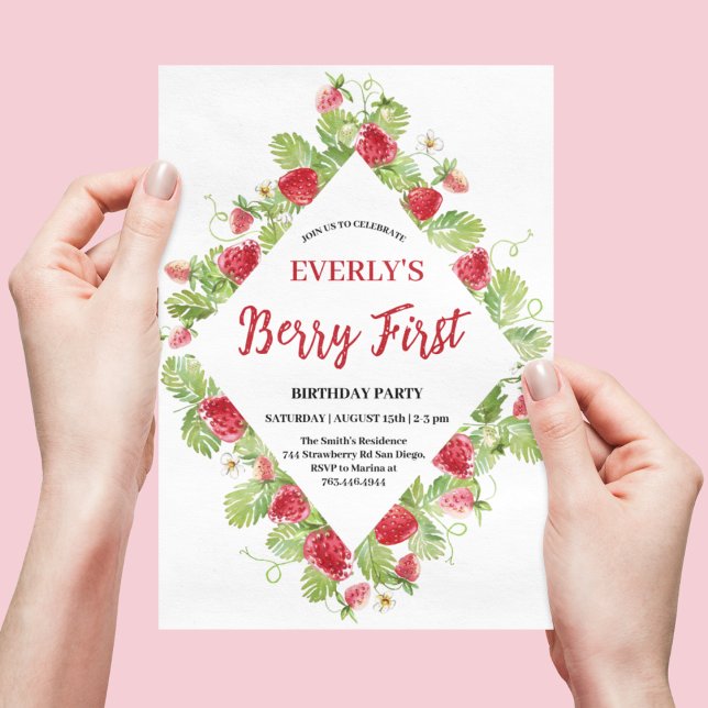 Jordgubbs Berry Första Flicka 1-årsfirande Inbjudningar (Skapare uppladdad)