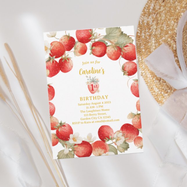 Jordgubbs Berry Första Flicka Födelsedag Inbjudningar (Skapare uppladdad)