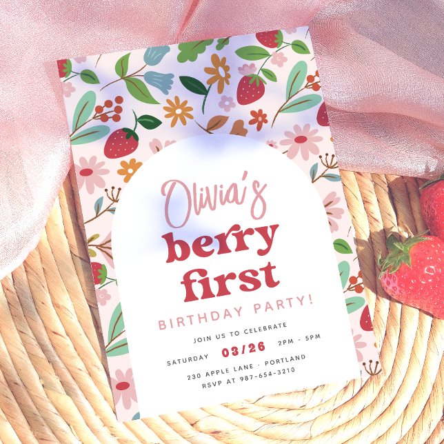 Jordgubbs Berry Första Födelsedagsfest Inbjudningar (Card Front Mock-up)