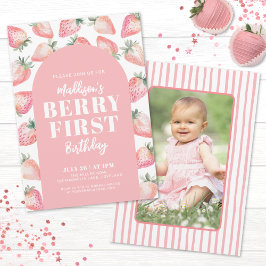 Jordgubbs Berry Första Foto 1-års Födelsedagsfest Inbjudningar