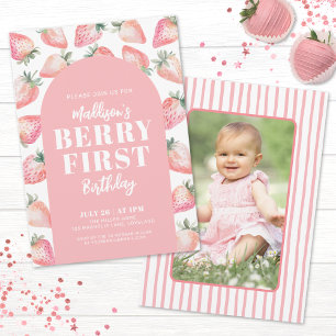 Jordgubbs Berry Första Foto 1-års Födelsedagsfest Inbjudningar