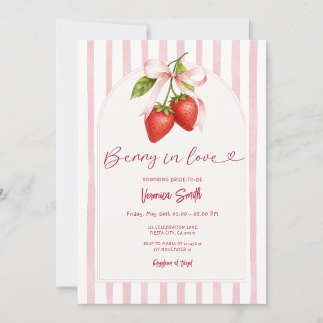 Jordgubbs Bröllopsdusch Berry in Love Rosa Randig Inbjudningar (Framsida)