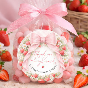 Jordgubbs Coquette Rosa Band Baby Shower Tack Kort Runt Klistermärke