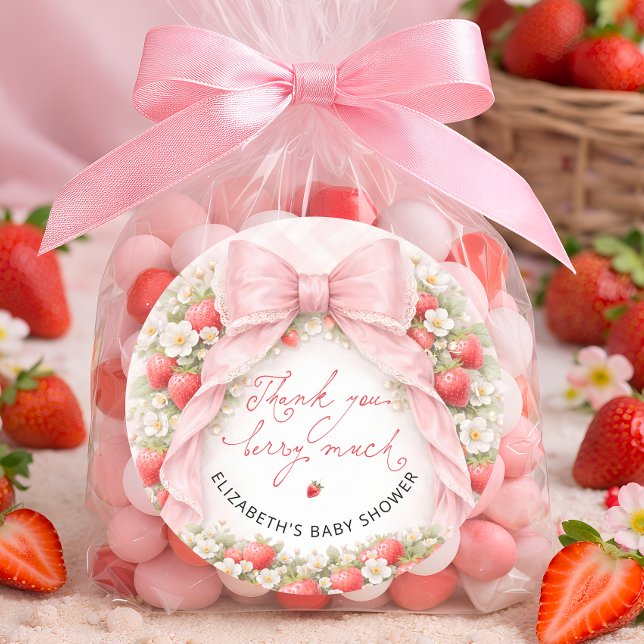 Jordgubbs Coquette Rosa Band Baby Shower Tack Kort Runt Klistermärke (Skapare uppladdad)
