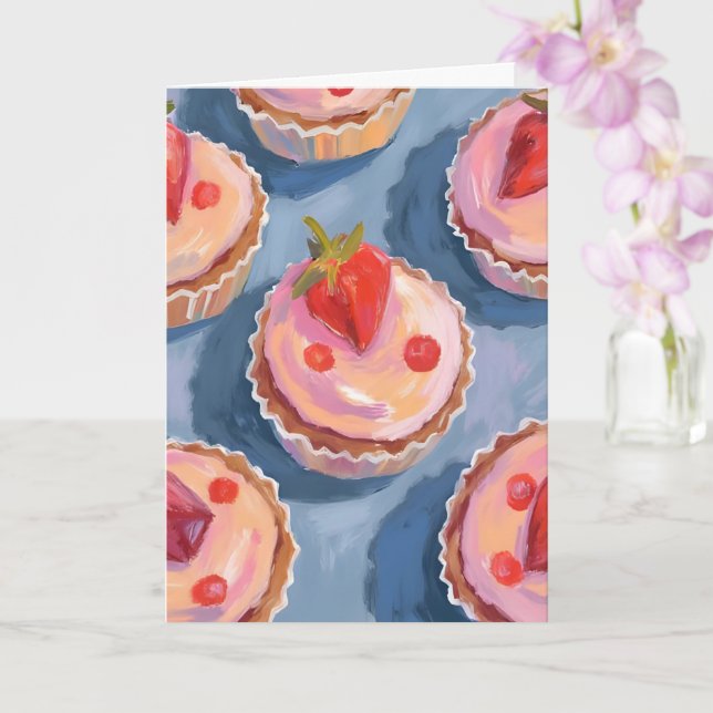 Jordgubbs Cupcakes | Frukt Vattenfärg Festlig Kort (Orkide)