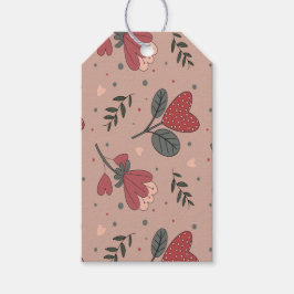 Jordgubbs hjärta blommor, grönt kransmaterial presentetikett