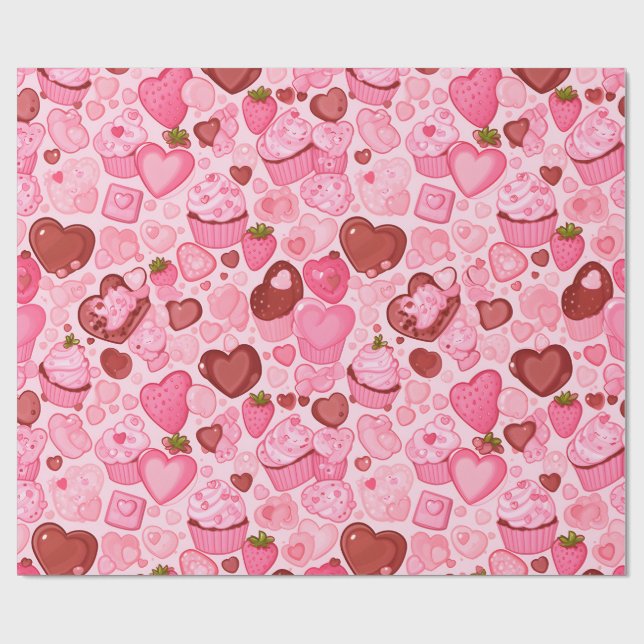 Jordgubbs Hjärtkaka Valentine Sömlös Presentpapper (Platt)
