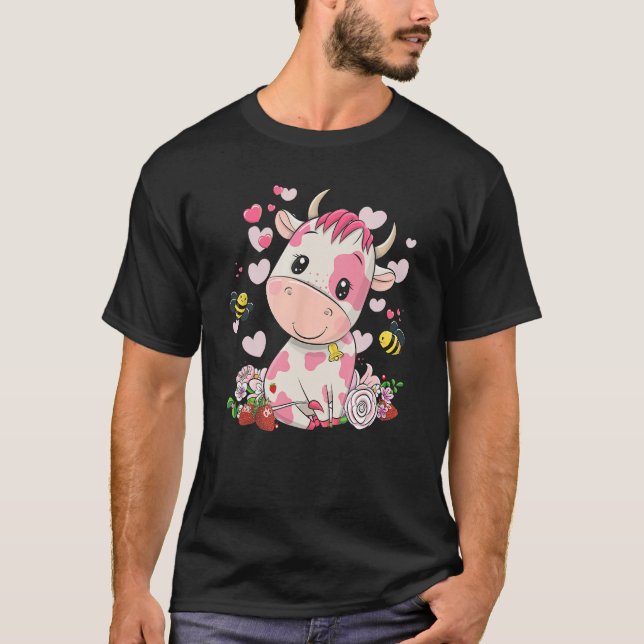 Jordgubbs Ko, Söt Ko, Rosa Ko Djur v2 T Shirt (Framsida)