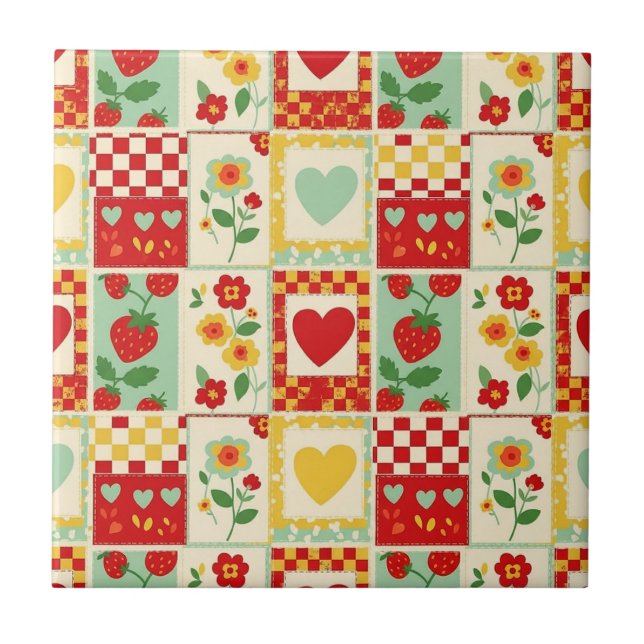 Jordgubbs Patchwork Picknick (1) Kakelplatta (Framsidan)
