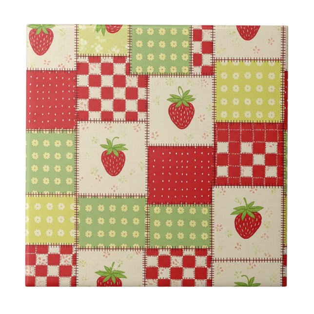 Jordgubbs Patchwork Picknick (5) Kakelplatta (Framsidan)