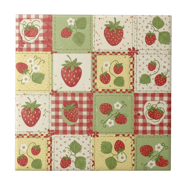 Jordgubbs Patchwork Picknick (6) Kakelplatta (Framsidan)