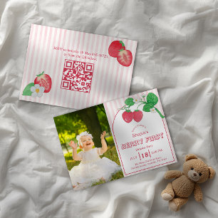 Jordgubbs Rosa Rand Fotografi Berry 1-års Födelsed Inbjudningar