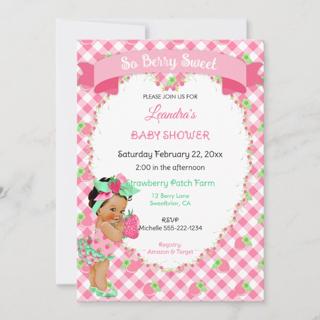 Jordgubbs tema Baby flicka Gingham Rosa Mint  Inbjudningar (Framsida)