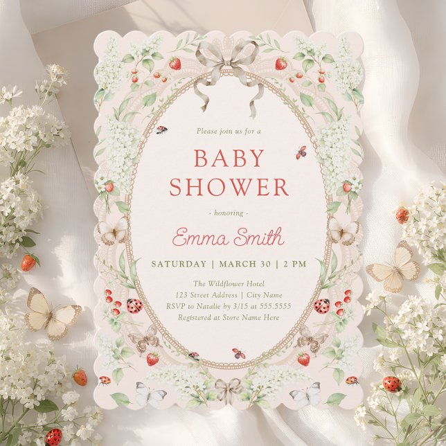 Jordgubbs Vildblomma Spets Ram Baby Shower Inbjudningar (Skapare uppladdad)