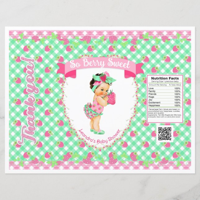 Jordgubbsbaby tema rosa och mint randig chipspåse (Framsida)